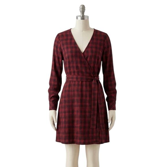 Anthropologie Dresses & Skirts - NWT Sanctuary Anthropologie Red Black Plaid Wrap Long Sleeve Dress Sz 10